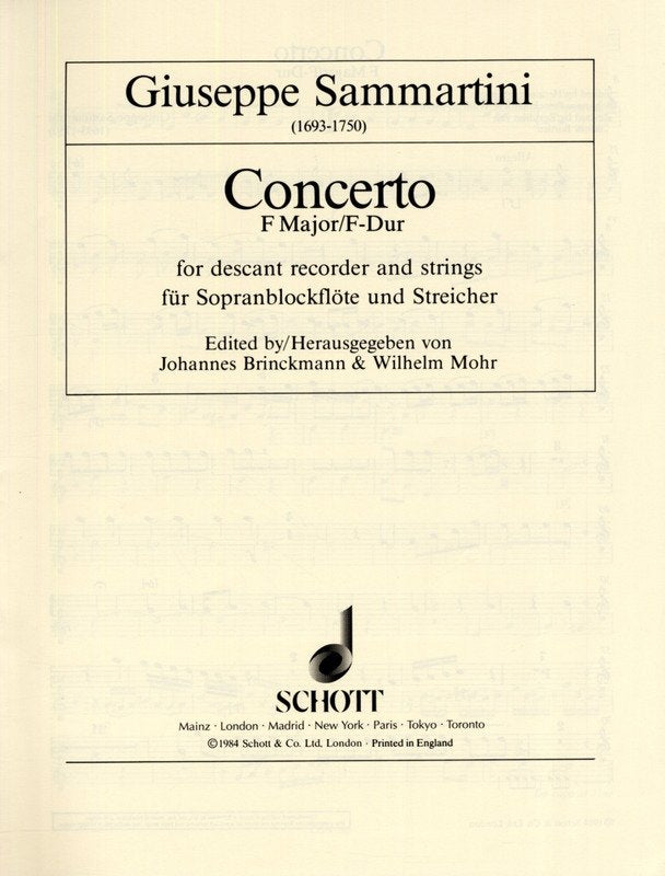 Sammartini - Concerto F Descant Rec/strings Parts